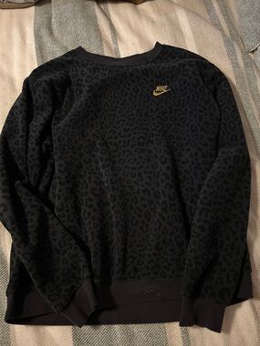 Nike Black Leopard-Print Crewneck Sweatshirt with Gold Swoosh